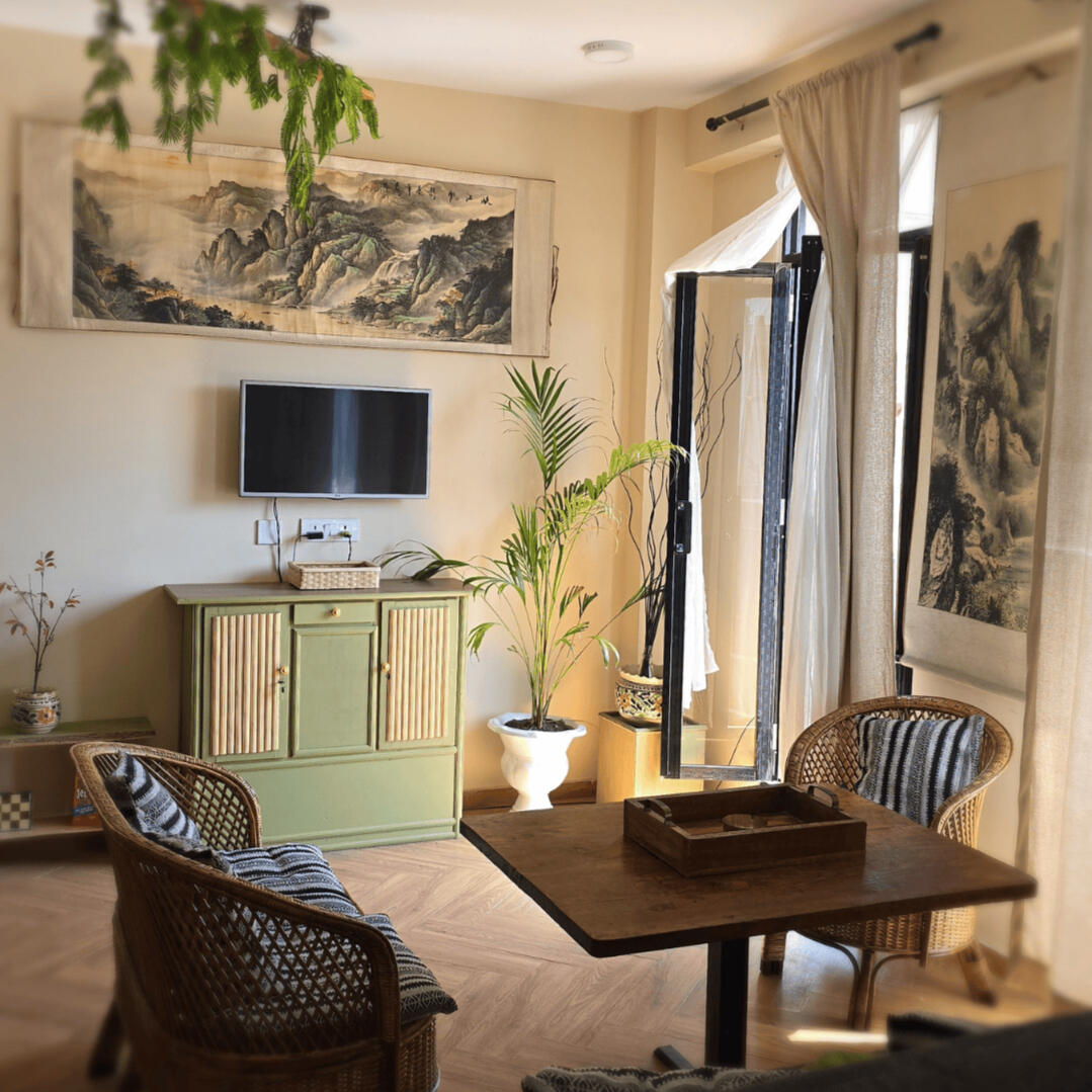 Warm apartment living space with natural light